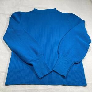 Trina Turk mockneck pullover Small Rib knit popcorn puffy sleeves peacock blue